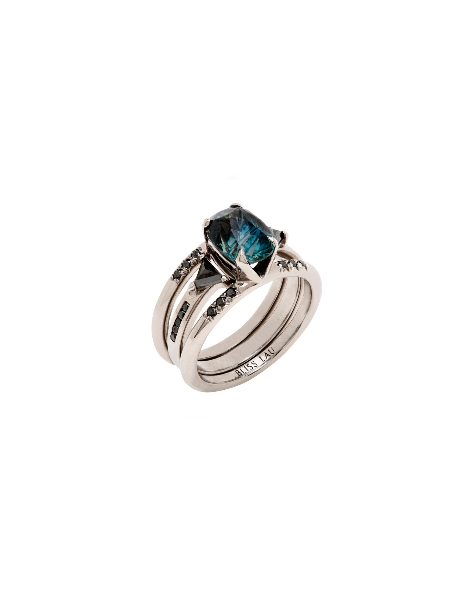 Bliss Lau illuminate and magnetic ring set with sapphire three quarter view