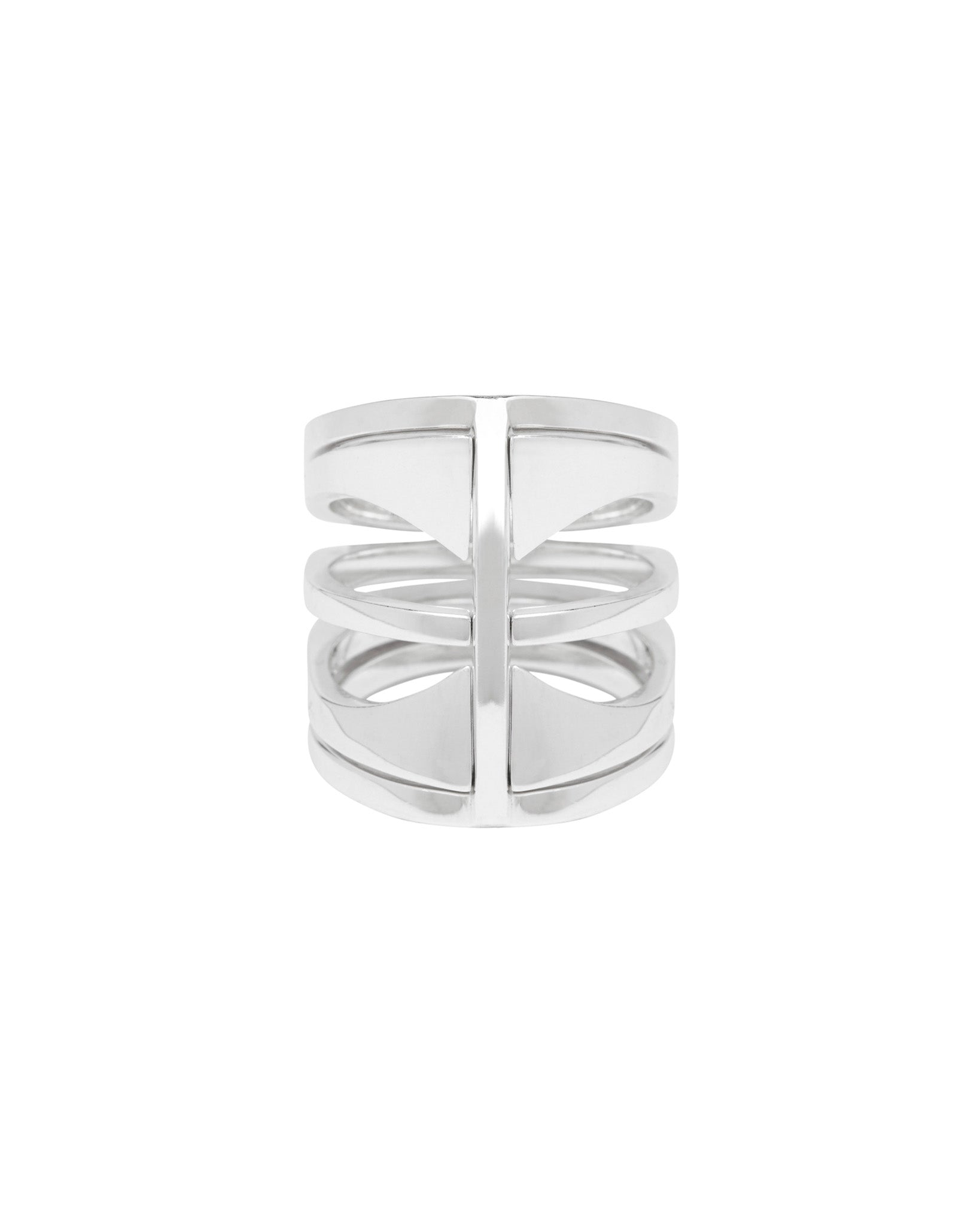 Front view of the Kaleidoscope ring set featuring a modern and geometric design in sterling silver. The rings are stacked to show their unique architectural style.