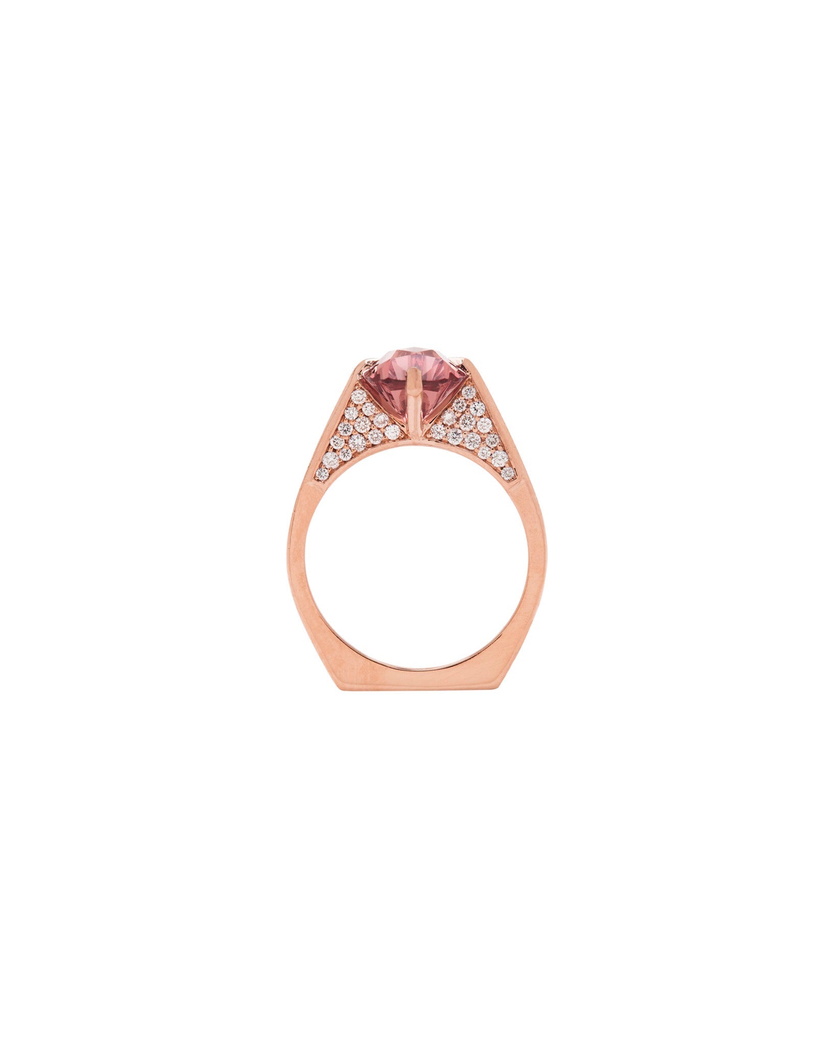 Minimalist Ring in gold and garnet with pave diamonds. 