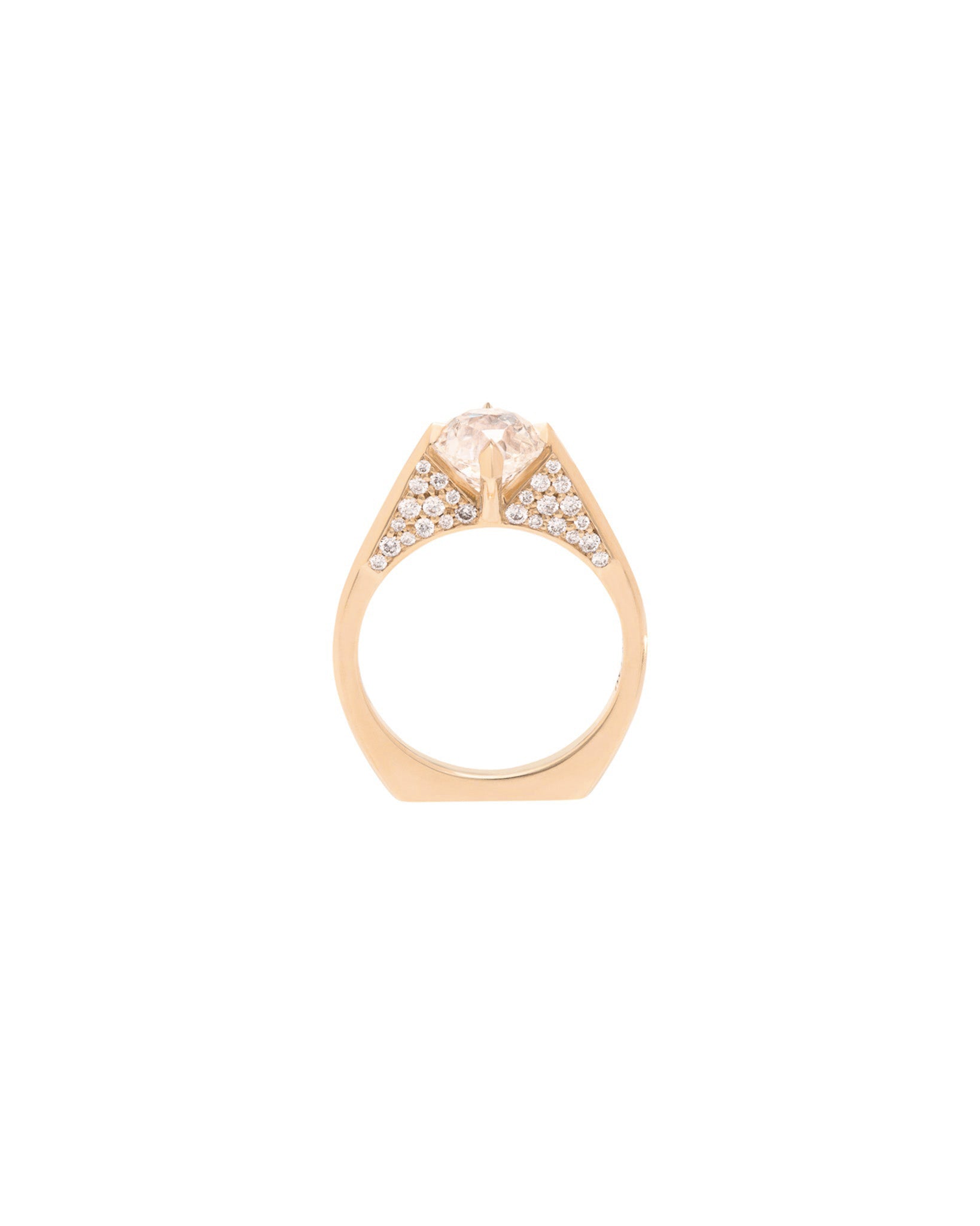 A beautifully crafted minimalist gold ring with a unique design showcased elegantly, featuring Bliss Lau's minimalist arc, minimalist rise, and minimalist pave.