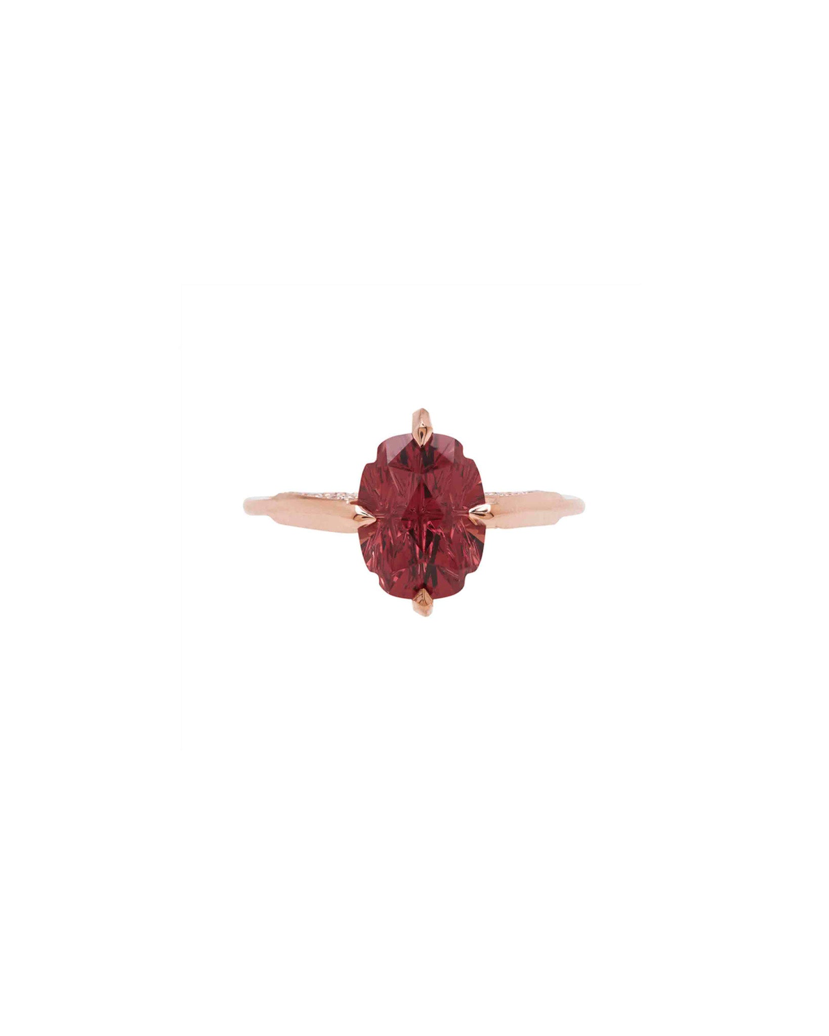 Minimalist Ring in gold and garnet with pave diamonds.