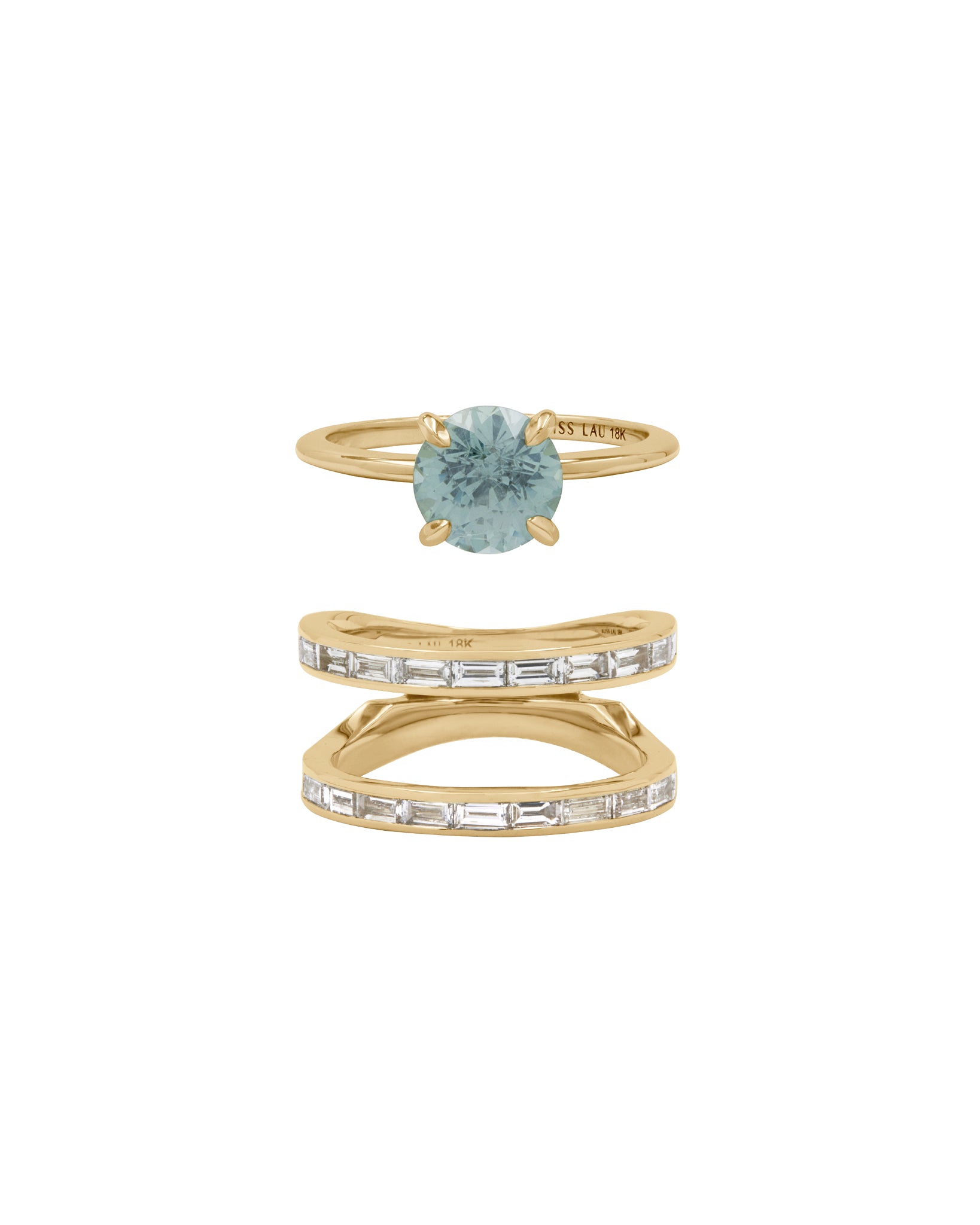 Two Rings, poetic engagement ring and cascade II wedding band with white diamond baguettes. Interlocking set. 