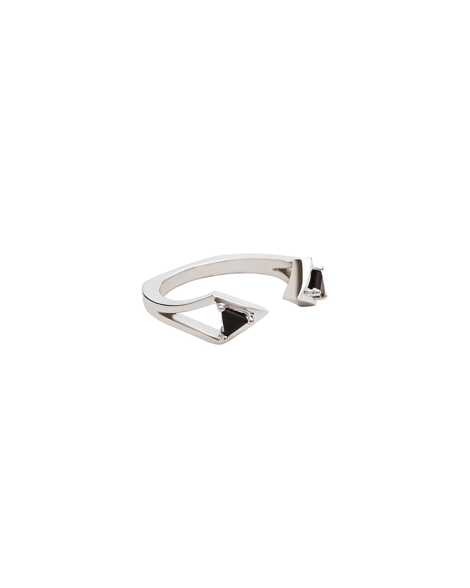 Sleek Reflection Gold Wedding Bands Interlocking Ring Set with black spinel triangles, perfect for a sophisticated wedding.