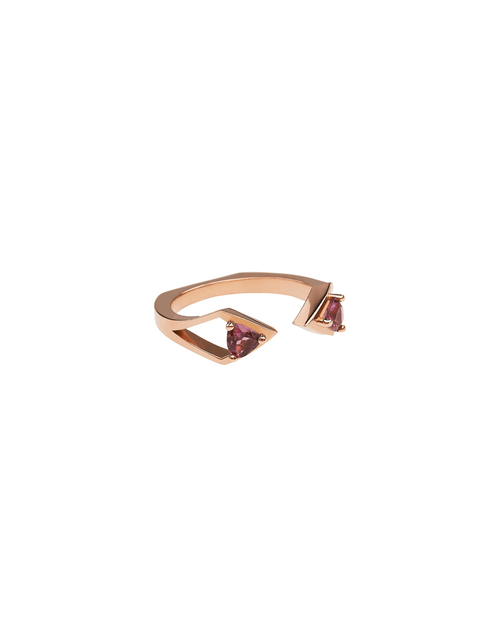Beautifully crafted Reflection Gold Wedding Bands Interlocking Ring Set with pink garnets, exemplifying luxury in wedding jewelry.