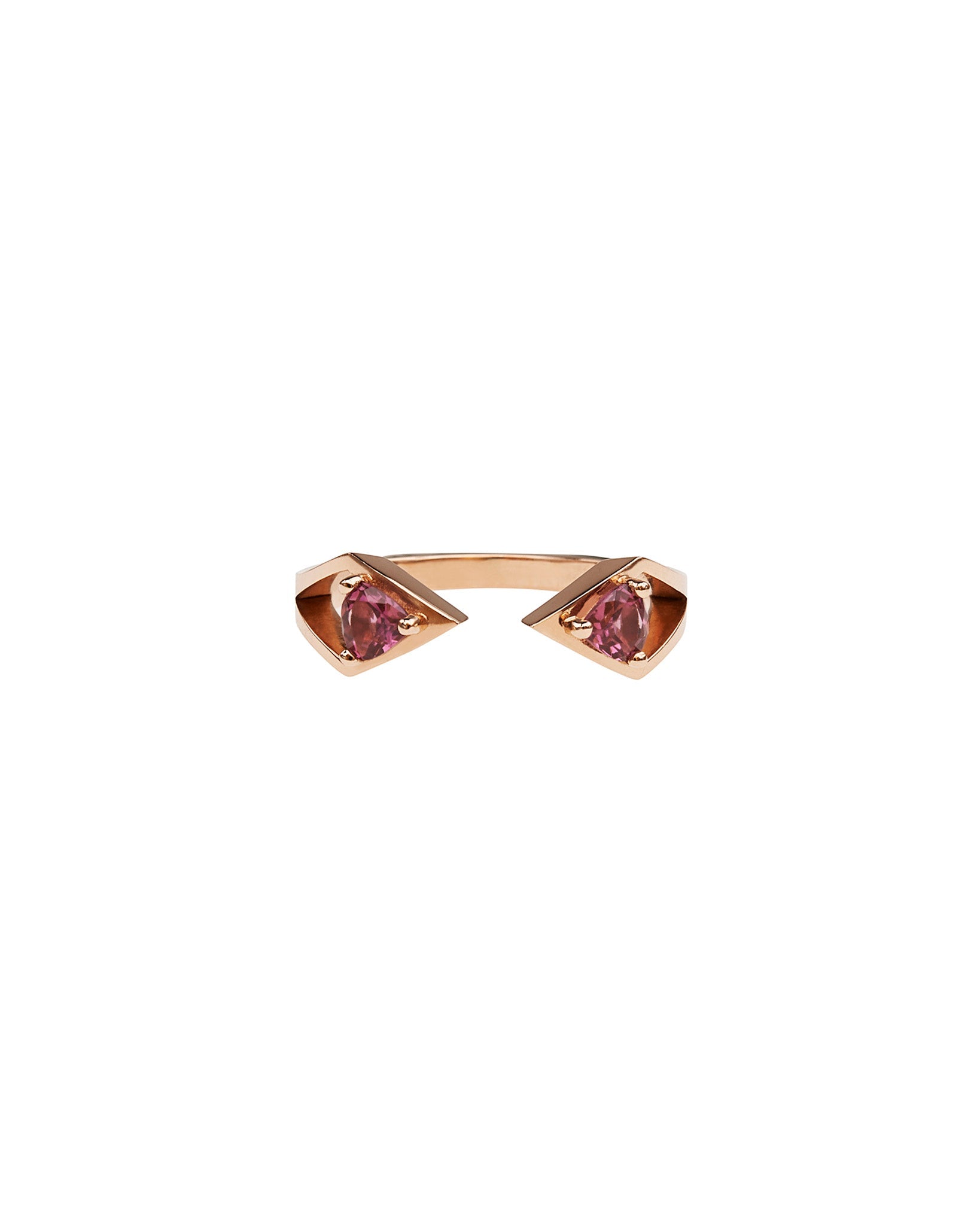 Stunning Reflection Gold Wedding Bands Interlocking Ring Set featuring pink rhodolite garnets, perfect for luxurious weddings.