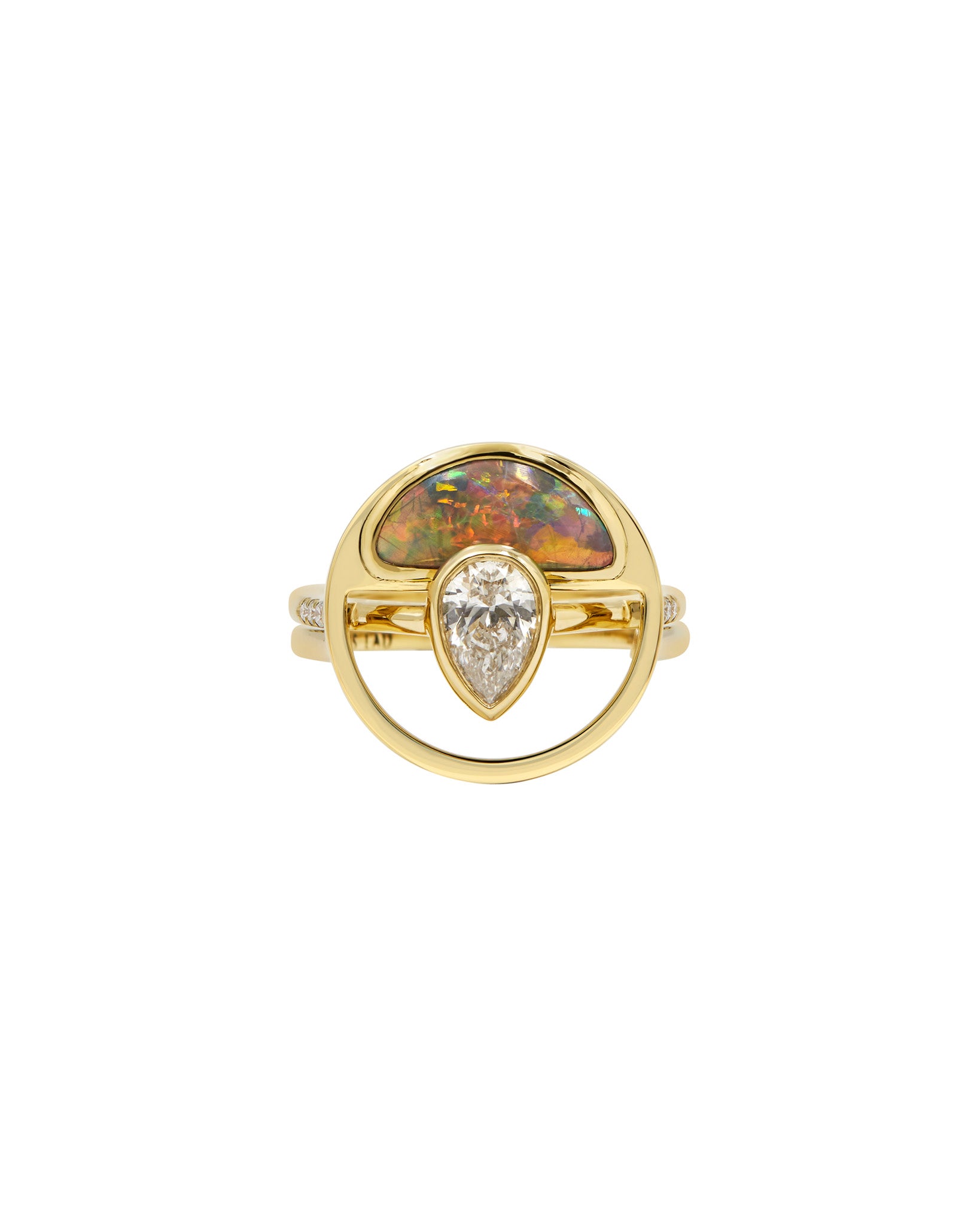 Bliss Lau winged acoustic ring and aura ring set with heritage opal and white diamond in a bezel setting. 
